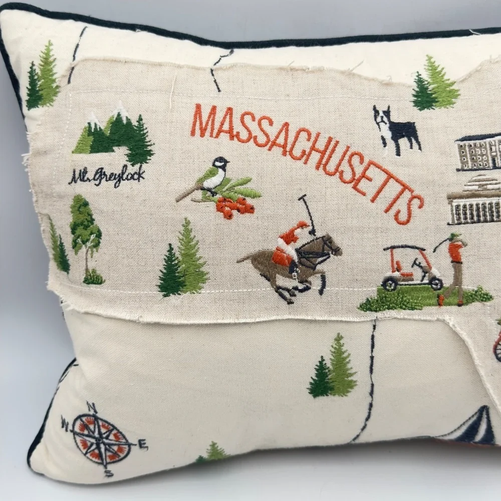 Massachusetts State Map Embroidered Canvas Throw Pillow Boston Plymouth 18x12